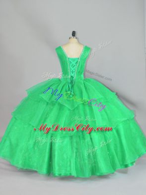 High Class Turquoise Lace Up Straps Beading and Ruffled Layers and Ruching Quinceanera Gown Organza Sleeveless