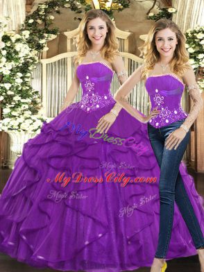 Low Price Sleeveless Tulle Floor Length Lace Up Quinceanera Gown in Purple with Beading and Ruffles