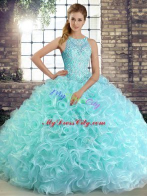 Best Aqua Blue Ball Gowns Scoop Sleeveless Fabric With Rolling Flowers Floor Length Lace Up Beading 15 Quinceanera Dress