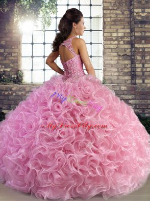 Best Aqua Blue Ball Gowns Scoop Sleeveless Fabric With Rolling Flowers Floor Length Lace Up Beading 15 Quinceanera Dress