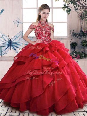 Red Sweet 16 Dress Sweet 16 and Quinceanera with Beading and Ruffled Layers High-neck Sleeveless Lace Up