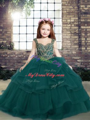 Straps Sleeveless Tulle Little Girls Pageant Dress Wholesale Beading and Ruffles Lace Up