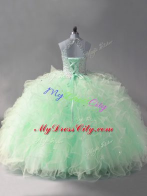 Apple Green Tulle Lace Up Quinceanera Gown Sleeveless Floor Length Beading and Ruffles