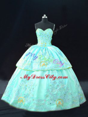 Custom Made Sweetheart Sleeveless Sweet 16 Dress Floor Length Embroidery Aqua Blue Satin