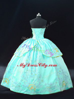 Custom Made Sweetheart Sleeveless Sweet 16 Dress Floor Length Embroidery Aqua Blue Satin