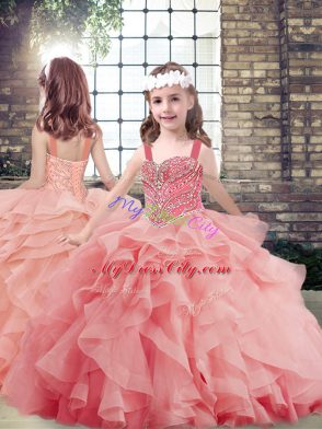 Discount Watermelon Red Ball Gowns Straps Sleeveless Tulle Floor Length Lace Up Beading and Ruffles Child Pageant Dress