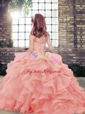 Discount Watermelon Red Ball Gowns Straps Sleeveless Tulle Floor Length Lace Up Beading and Ruffles Child Pageant Dress