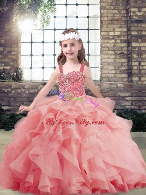 Discount Watermelon Red Ball Gowns Straps Sleeveless Tulle Floor Length Lace Up Beading and Ruffles Child Pageant Dress