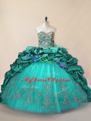 Exquisite Turquoise Sleeveless Brush Train Beading and Pick Ups Quinceanera Dresses