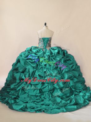 Exquisite Turquoise Sleeveless Brush Train Beading and Pick Ups Quinceanera Dresses