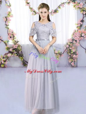 Spectacular Grey Empire Lace and Belt Bridesmaid Dress Zipper Tulle Sleeveless Floor Length