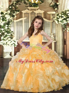 Perfect Gold Organza Lace Up Straps Sleeveless Floor Length Pageant Gowns For Girls Ruffles