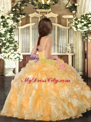 Perfect Gold Organza Lace Up Straps Sleeveless Floor Length Pageant Gowns For Girls Ruffles