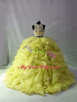 Yellow Green Organza and Sequined Zipper Ball Gown Prom Dress Sleeveless Brush Train Beading and Ruffles