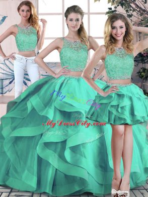 Tulle Sleeveless Floor Length 15th Birthday Dress and Beading and Ruffles