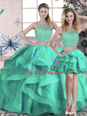 Tulle Sleeveless Floor Length 15th Birthday Dress and Beading and Ruffles