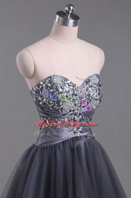 Grey Sleeveless Mini Length Beading Zipper Evening Dress