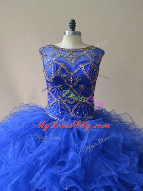 Edgy Royal Blue Scoop Lace Up Beading and Ruffles Vestidos de Quinceanera Sleeveless