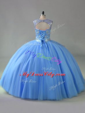 Fancy Blue Vestidos de Quinceanera Sweet 16 and Quinceanera with Beading Scoop Sleeveless Lace Up