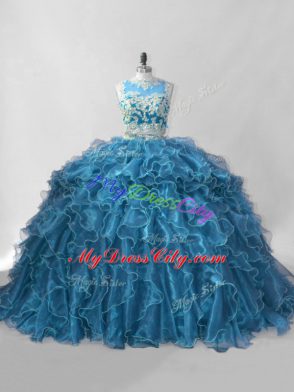 Cute Organza Scoop Sleeveless Brush Train Zipper Beading and Ruffles Vestidos de Quinceanera in Blue