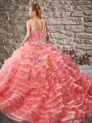 Orange Ball Gowns Organza Straps Sleeveless Beading and Ruffled Layers Lace Up Sweet 16 Dresses Court Train