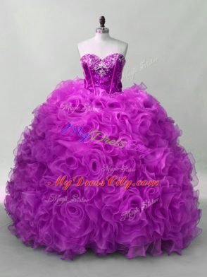 Lovely Sweetheart Sleeveless Sweet 16 Dress Floor Length Sequins Purple Organza and Fabric With Rolling Flowers