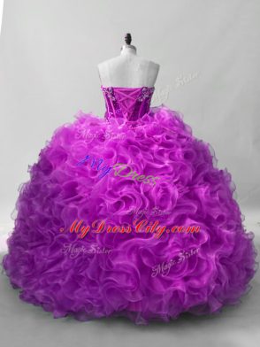 Lovely Sweetheart Sleeveless Sweet 16 Dress Floor Length Sequins Purple Organza and Fabric With Rolling Flowers