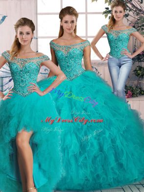 Beading and Ruffles Vestidos de Quinceanera Aqua Blue Lace Up Sleeveless Brush Train