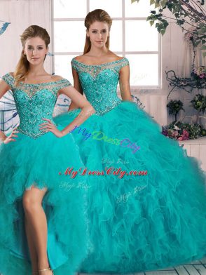 Beading and Ruffles Vestidos de Quinceanera Aqua Blue Lace Up Sleeveless Brush Train