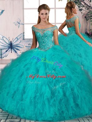 Beading and Ruffles Vestidos de Quinceanera Aqua Blue Lace Up Sleeveless Brush Train