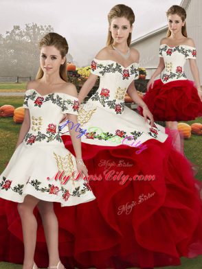 Elegant White And Red Ball Gowns Embroidery and Ruffles Quinceanera Gowns Lace Up Tulle Sleeveless Floor Length