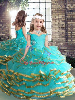 Cheap Floor Length Aqua Blue Sweet 16 Dresses Off The Shoulder Sleeveless Lace Up