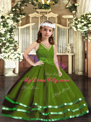 Ball Gowns Little Girl Pageant Gowns Green V-neck Tulle Sleeveless Floor Length Zipper