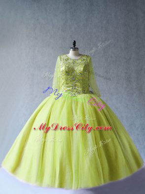 Beading Quinceanera Gowns Yellow Green Lace Up Long Sleeves Floor Length