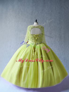 Beading Quinceanera Gowns Yellow Green Lace Up Long Sleeves Floor Length