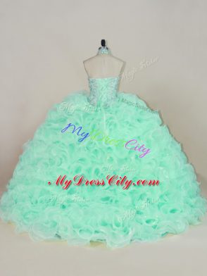 Shining Apple Green Fabric With Rolling Flowers Lace Up Halter Top Sleeveless Quince Ball Gowns Brush Train Beading and Ruffles