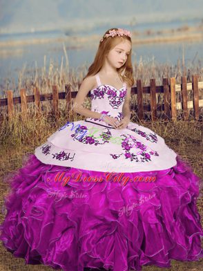 Fuchsia Straps Neckline Embroidery and Ruffles Kids Pageant Dress Sleeveless Lace Up