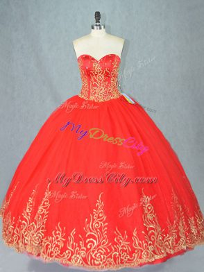 Ball Gowns Vestidos de Quinceanera Red Sweetheart Tulle Sleeveless Floor Length Lace Up