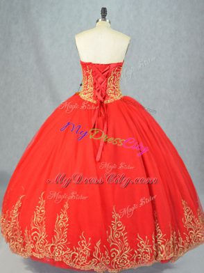 Ball Gowns Vestidos de Quinceanera Red Sweetheart Tulle Sleeveless Floor Length Lace Up