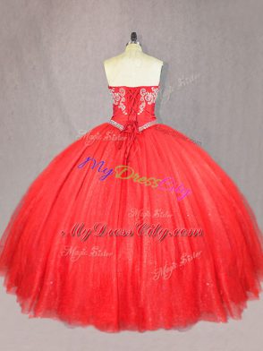 Latest Red Sweetheart Neckline Beading Sweet 16 Dresses Sleeveless Lace Up