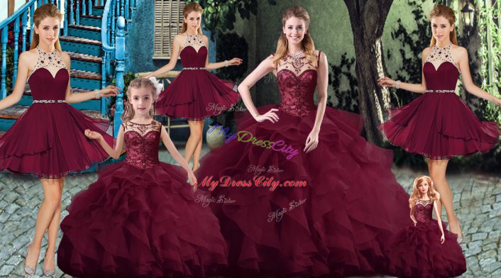 Smart Tulle Sleeveless Quince Ball Gowns Brush Train and Beading and Ruffles