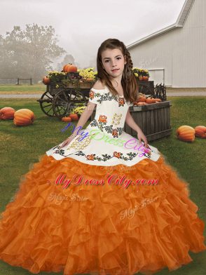 Exquisite Orange Ball Gowns Straps Sleeveless Organza Floor Length Lace Up Embroidery and Ruffles Little Girl Pageant Dress