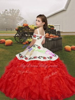 Exquisite Orange Ball Gowns Straps Sleeveless Organza Floor Length Lace Up Embroidery and Ruffles Little Girl Pageant Dress