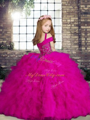 Exquisite Fuchsia Lace Up Straps Beading and Ruffles Pageant Gowns Tulle Sleeveless