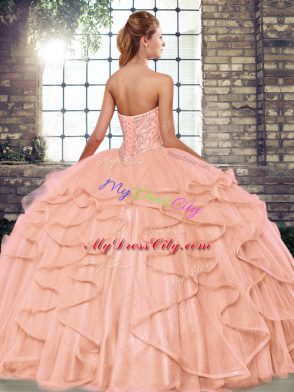 Eye-catching Sleeveless Floor Length Beading and Ruffles Lace Up Quince Ball Gowns with Fuchsia