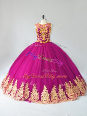 Fuchsia Tulle Lace Up Ball Gown Prom Dress Sleeveless Floor Length Beading and Appliques