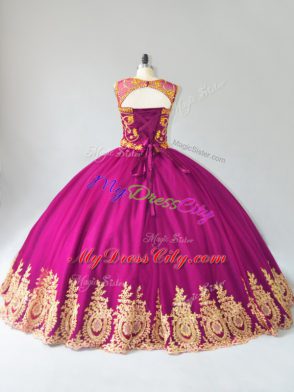 Fuchsia Tulle Lace Up Ball Gown Prom Dress Sleeveless Floor Length Beading and Appliques