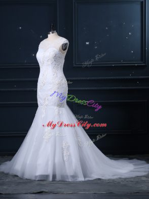 White Mermaid Tulle Scoop Sleeveless Lace Clasp Handle Wedding Dresses Brush Train