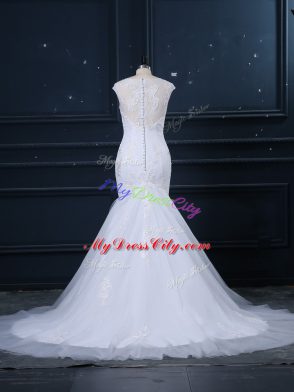 White Mermaid Tulle Scoop Sleeveless Lace Clasp Handle Wedding Dresses Brush Train