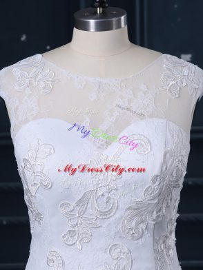 White Mermaid Tulle Scoop Sleeveless Lace Clasp Handle Wedding Dresses Brush Train